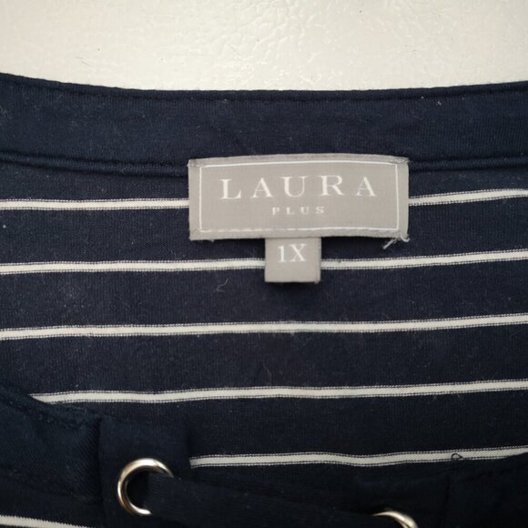 Laura Plus Ladies Size 1X Navy & White Striped V-neck 3/4 Sleeves Tunic Top - Picture 3 of 9